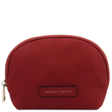 Red rounded leather pouch with a gold zipper and a small Tuscany Leather tag on the front.