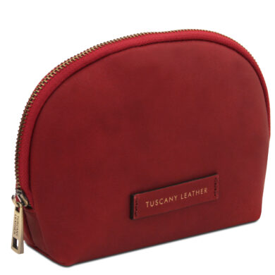 Red leather cosmetic pouch with a gold zipper and a small Tuscany Leather label on the front