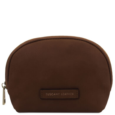 Brown leather mini pouch with a zip closure and a stitched label reading 'TUSCANY LEATHER' on the front.