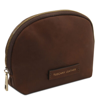 Small brown leather zippered pouch with a gold zipper and a Tuscany Leather label on the front