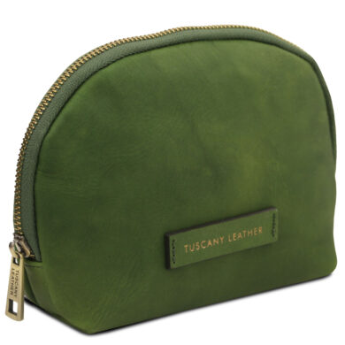 Green leather zippered pouch with a gold-toned zipper and a Tuscany Leather brand tag on the front