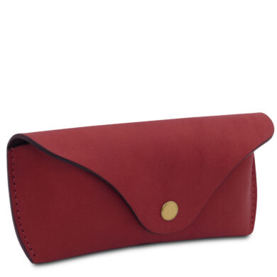 Red leather wallet with a curved flap and gold snap closure