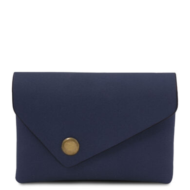 Navy blue envelope-style clutch wallet with a brass snap button at the front.