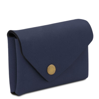 Envelope-style navy blue wallet with a flap and brass snap button