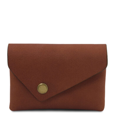 Brown leather envelope-style wallet with a brass snap button closure on the front.