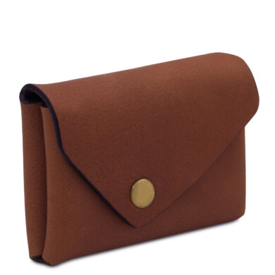 Brown leather wallet/clutch with a fold-over flap and a gold snap button.