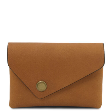 Brown leather envelope-style wallet with a brass snap closure against a plain background