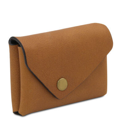 Brown leather envelope-style wallet with a brass snap button