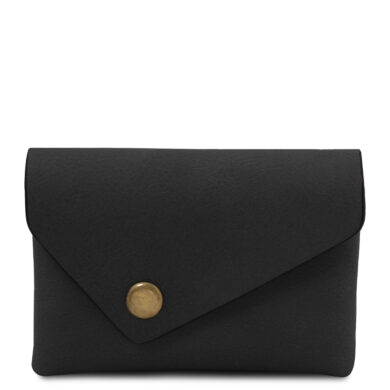 Black envelope-style clutch bag in leather with a gold/button closure.