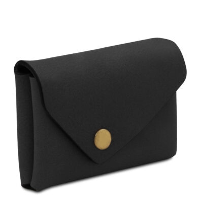 Black leather envelope clutch with a gold snap button closure