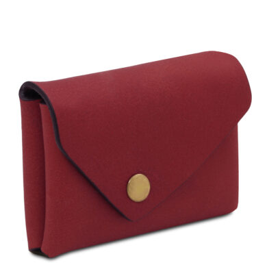 Red leather wallet with a curved flap and a gold snap button on white background.”