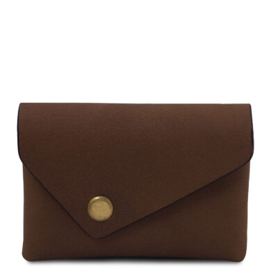 Brown leather envelope-style clutch wallet with a brass snap closure on a light background