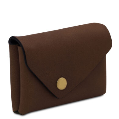 Brown leather wallet with a rounded flap and brass snap closure.