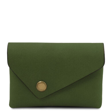 Olive green envelope clutch with a brass snap button on the flap edge.