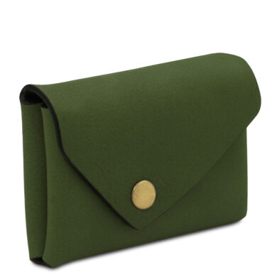 Green leather wallet with a flap and brass snap closure, shown at a slight angle.