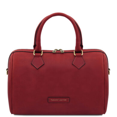 Red leather handbag with two top handles, gold-tone hardware, and a zip closure (front label reads 'Tuscany Leather').