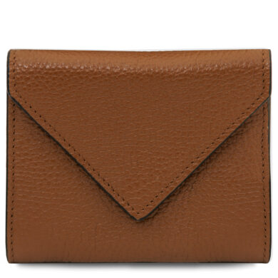 Brown leather wallet with a triangular envelope-style flap, closed and textured grain surface.