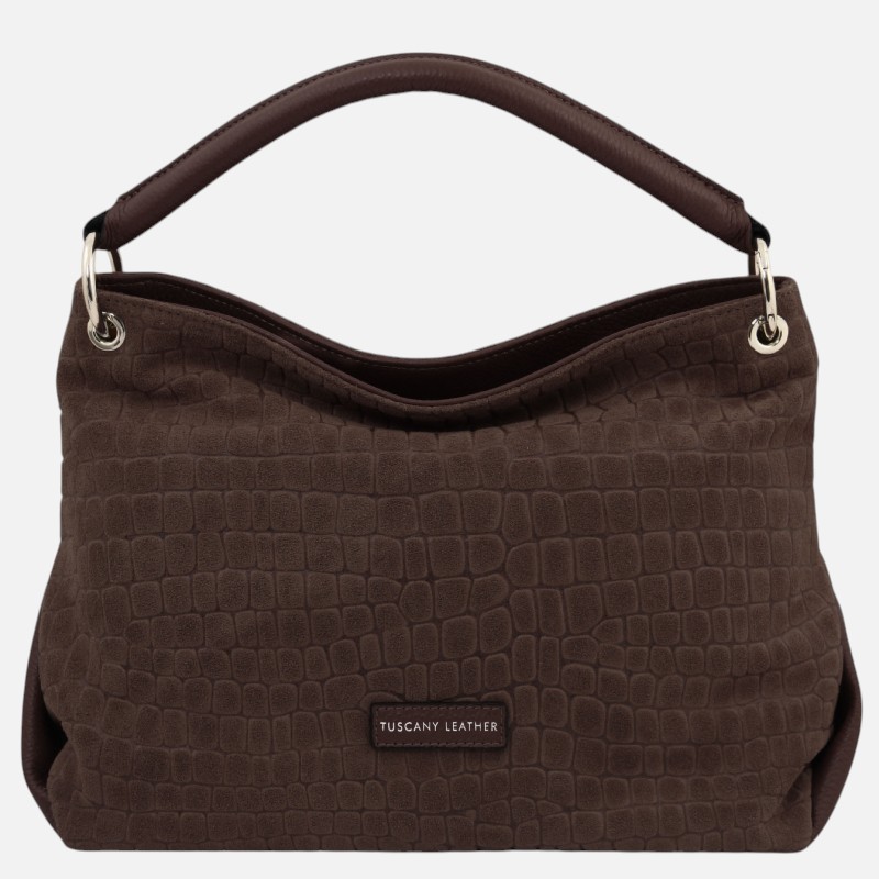 TL Bag Coocon Suede leather shoulder bag with croc print - Σοκολατί