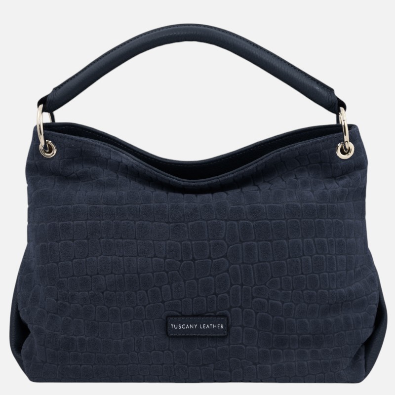 TL Bag Coocon Suede leather shoulder bag with croc print - Μπλε σκούρο