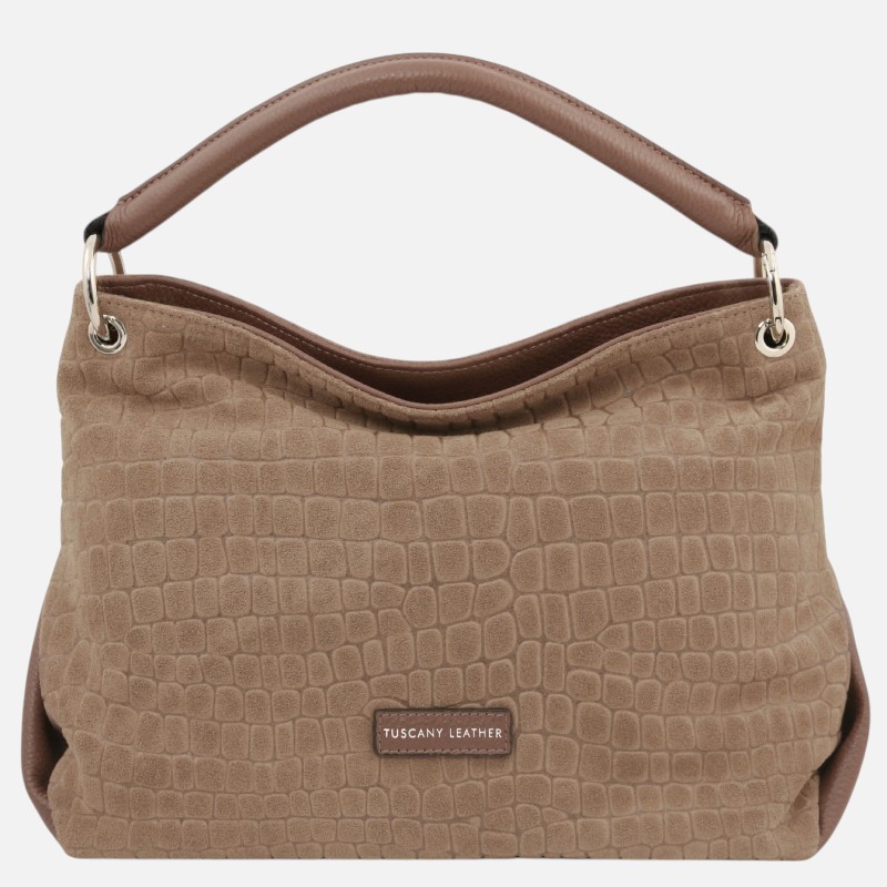 TL Bag Coocon Suede leather shoulder bag with croc print - Σταχτί σκούρο
