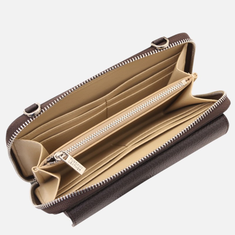 Urania Leather wallet/phone holder with strap - Σοκολατί - Image 3