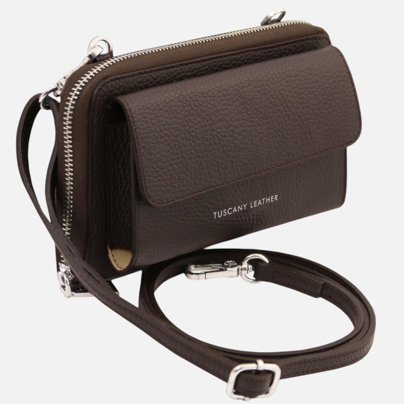 Urania Leather wallet/phone holder with strap - Σοκολατί - Image 2