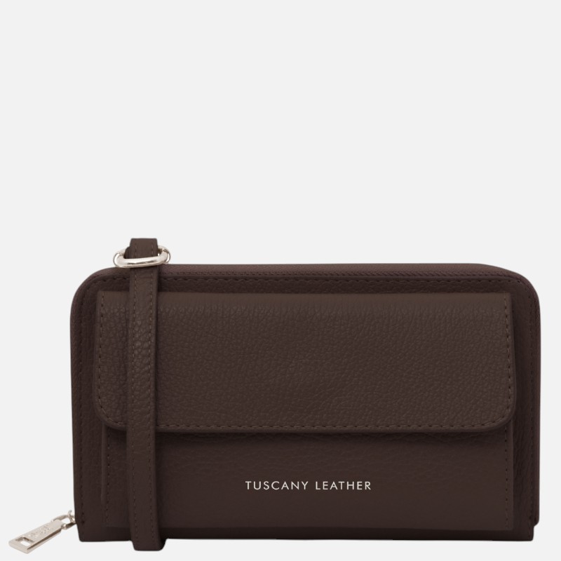 Urania Leather wallet/phone holder with strap - Σοκολατί
