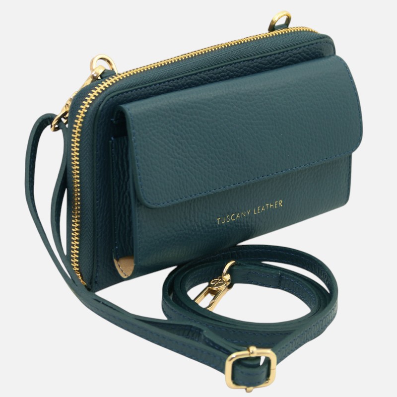 Urania Leather wallet/phone holder with strap - Πετρόλ - Image 2