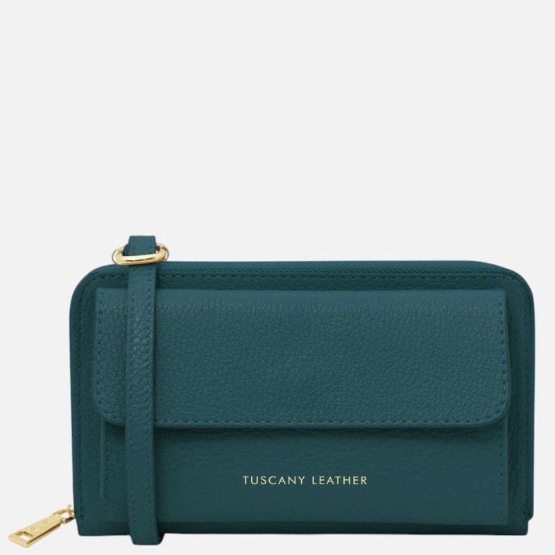 Urania Leather wallet/phone holder with strap - Πετρόλ