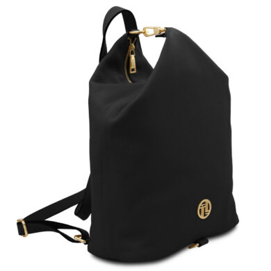 Black pebbled leather backpack with gold hardware, a top zipper, and a small gold logo on the front.