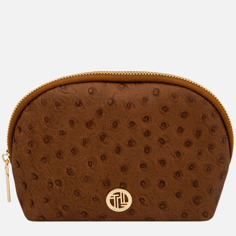 Vera Leather toiletry case in ostrich-print leather - Κονιάκ